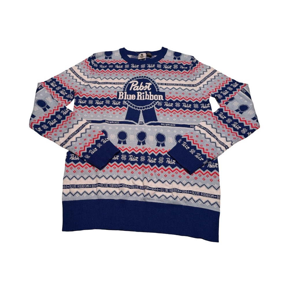 Celebrate Together Pabst Blue Ribbon PBR Fair Isle Knit Sweater‎ Mens Large Blue
